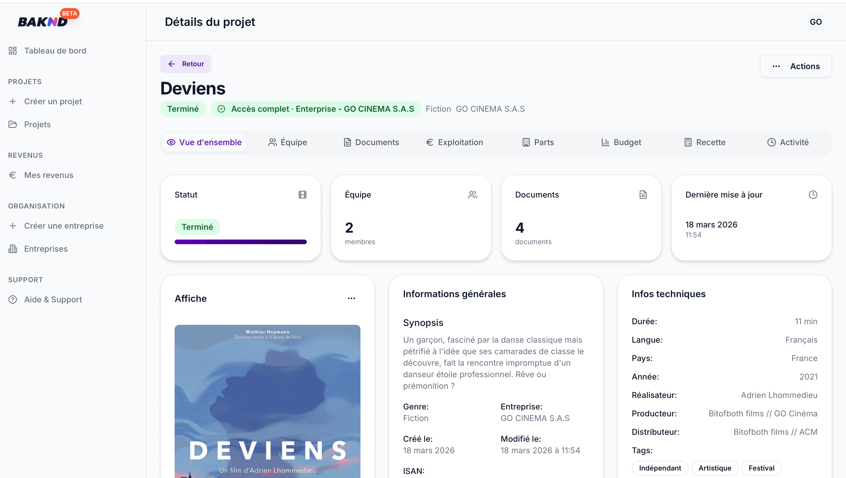 Fiche projet dans Baknd : statut, équipe, documents et informations techniques